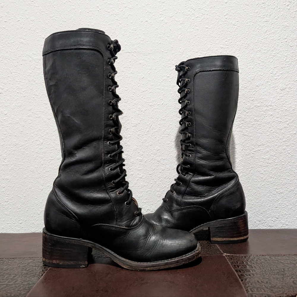 Rare Frye Campus Lug Vintage Lace Up Knee-High Black Antique Leather Boot Size 6 - Picture 13 of 15